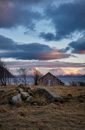 Een oud instortend boothuis dat uitkijkt over de Sunnmørsalpen, Godøy, Noorwegen