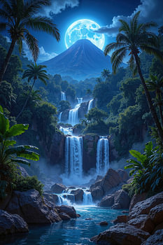 Fantasy Wall Art: LUNARIS – Tropische watervallen onder de volle maan