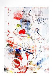 Monoprint kunst art in rood en blauw van Marianne van der Zee