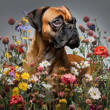 Boxer allemand dans un pré fleuri sur ARTemberaubend