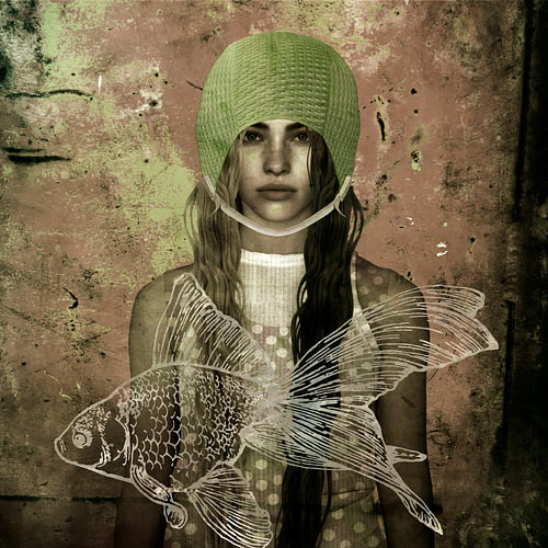 Badmuts Girl met vis in Mixed Media stijl van Yvonne Zeldenthuis