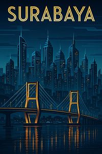 Surabaya Vintage Travel Poster - Suramadu Brücke & Stadt Skyline Kunst