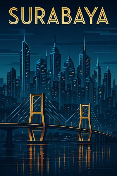 Surabaya Vintage Travel Poster - Suramadu Brücke &amp; Stadt Skyline Kunst von Travel Shop