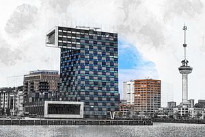 Architektonische Skizze des Euromasts und des Gebäudes der STC-Gruppe in Rotterdam