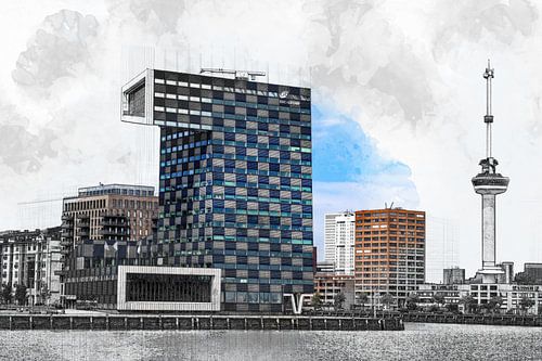 Architectonische schets van de Euromast en het STC Group gebouw in Rotterdam