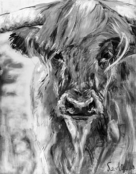 Schilderij van een Schotse Hooglander koe in zwart-wit van Liesbeth Serlie