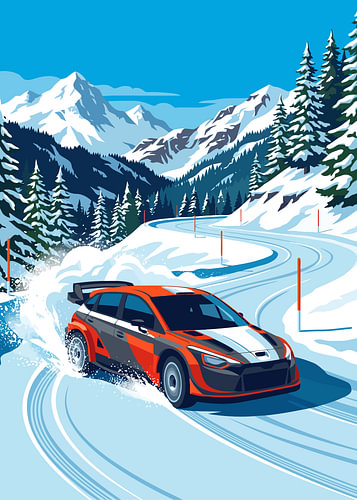 Rally car drifting snowy mountain road through pine forest