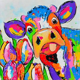 Cow with tulips by Vrolijk Schilderij