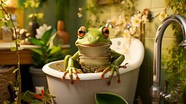 Grüner Frosch sitzt in einer Badewanne