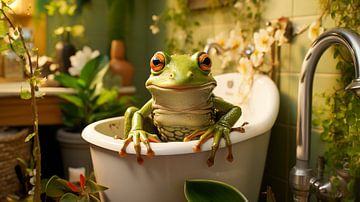 Green frog sits in a bathtub by Animaflora PicsStock