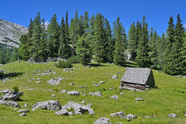 A rustic wooden hut on an alpine meadow in the mountains by Tomherkules