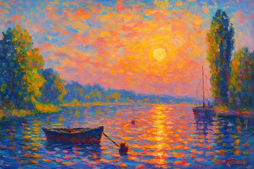 Boat floating in water with sun painting