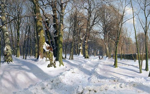 Besneeuwd bospad in zonlicht, PEDER MONSTED, 1908