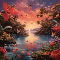 Bizarre paradise landscape and ocean with strange beautiful birds and plants and flowers