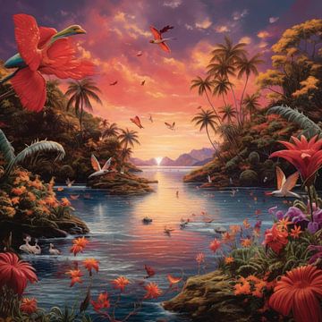 Bizarre paradise landscape and ocean with strange beautiful birds and plants and flowers by Art Bizarre