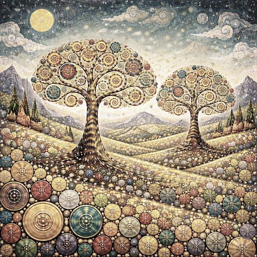 Twee levensbomen in een fantastisch landschap