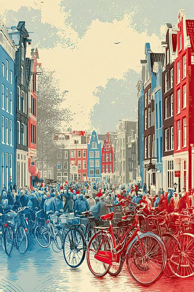 Amsterdam Bike Madness – Humoristische Retro Poster van BowiScapes abstract en digitale kunst