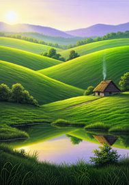 Haus auf einem Hügel in der Nähe eines Teiches in einer grünen, hügeligen Landschaft