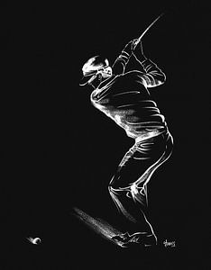 Illustratie van een golfspeler in volle actie op zwart