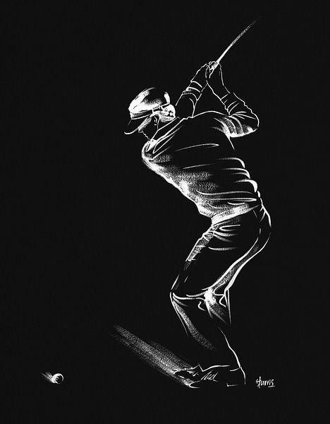 Illustratie van een golfspeler in volle actie op zwart van Galerie Ringoot
