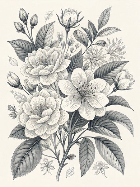 Illustration botanique victorienne de fleurs blanches élégantes par Artistic