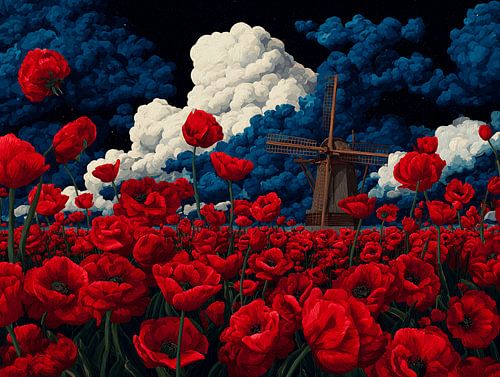 Klaprozenstorm | Nederlandse windmolen onder dramatische wolkenlucht van Karina Brouwer