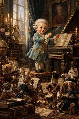 Mozart, Cheerful Toy Orchestra in Blue and Gold