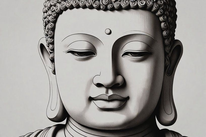 Serene Boeddha, Zwart-Wit Minimalistisch Ontwerp van Art & Soul Creations
