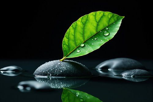 Groen blad en met water bedekte stenen in donker water