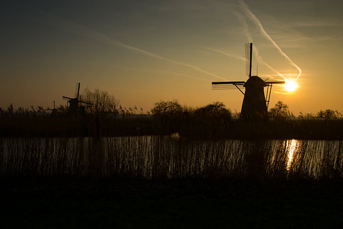 Windmills in Kinderdijk during sunset