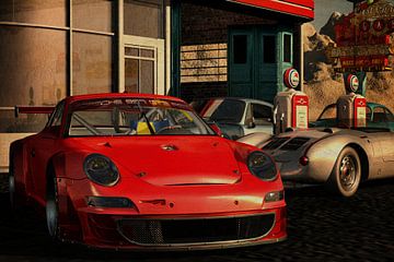 Porsche 977 bij een oud benzinestation