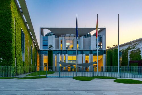 The Federal Chancellery in Berlin bathed in clear evening light
