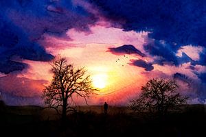 Aquarelle - Coucher de soleil romantique