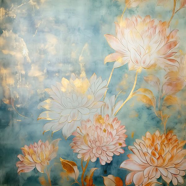 Fleurs Vintage Petrol dans les tons rose tendre et or par Lauri Creates