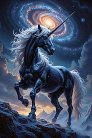 ASTRALORN - Ein schwarz-weißes Einhorn nachts im Gebirge von INFERAURUM