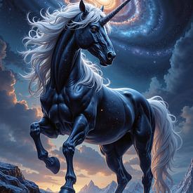 ASTRALORN - Een zwart-wit eenhoorn ’s nachts in het gebergte van INFERAURUM