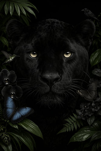 Midnight Panther – Geheimnisvolles Porträt eines schwarzen Panthers mit Schmetterlingen und tropischen Blumen – Luxuriöse Dschungel-Wanddekoration – Dark Botanical Wildlife Art