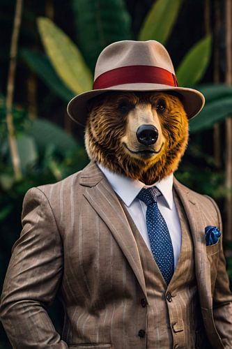 Stijlvolle beer in pak en hoed