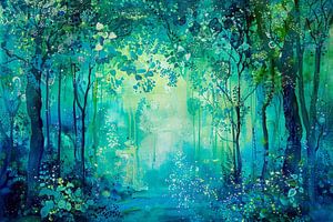 Abstract painting in turquoise and green - Dreamy forest landscape for a soothing interior