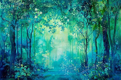 Abstract schilderij in turquoise en groen - Dromerig boslandschap voor een rustgevend interieur