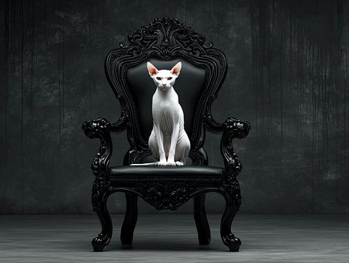 Sphynx blanc sur trône noir | Portrait de chat Fine Art