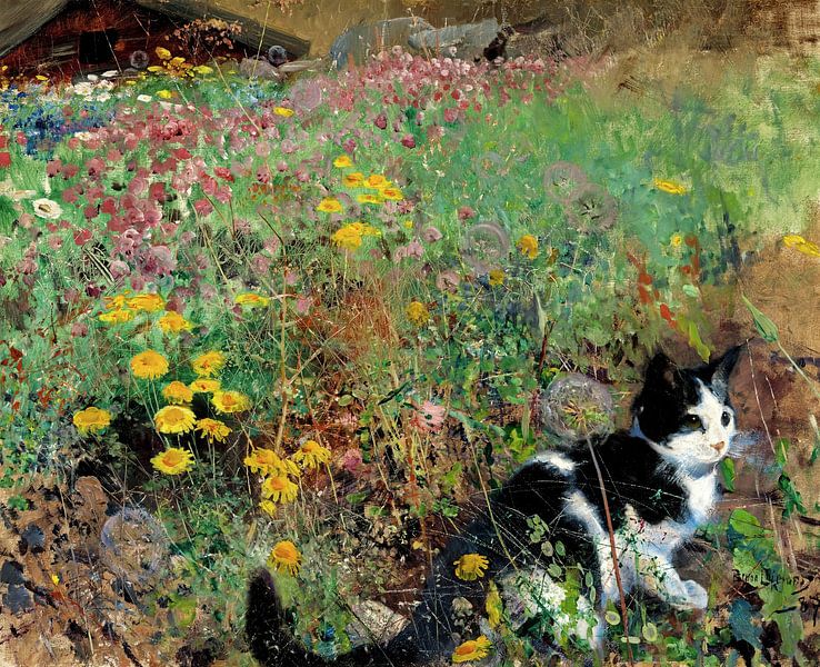 Bruno Liljefors,Cat on a flowery meadow, painted in 1887 by finemasterpiece