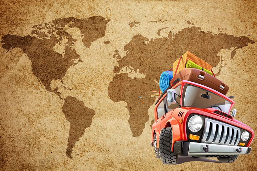 Zäher, schwer gepackter Jeep für Weltkarte von Henny Hagenaars