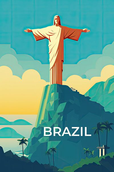 Vintage reisposter Brazilie met Christusbeeld van True Nature Art
