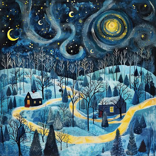 Winter landscape with snow and stars