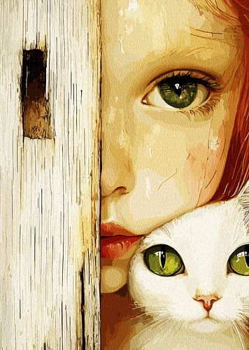 Surreal Girl and Cat Wall Art - Groene Ogen Fantasie Portret Canvas Print Home Decor