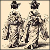 2 geisha's met hun rug naar de straat