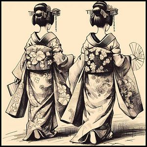 2 geishas de dos marchent dans la rue