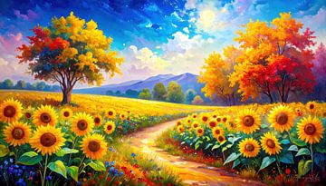 Tournesols, un chemin vers la fin de l'été - Un voyage pittoresque à travers des champs dorés, des arbres silencieux et des horizons fugaces sur AidasignArt