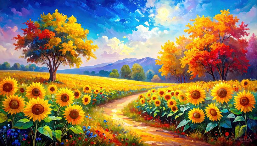 Sunflowers, a path into late summer - a picturesque journey through golden fields, silent trees and fleeting horizons by AidasignArt